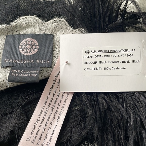 Maneesha Ruia Black & Ivory Cashmere Scarf Trimmed in Lace & Ostrich FeathersNWT - Picture 6 of 6